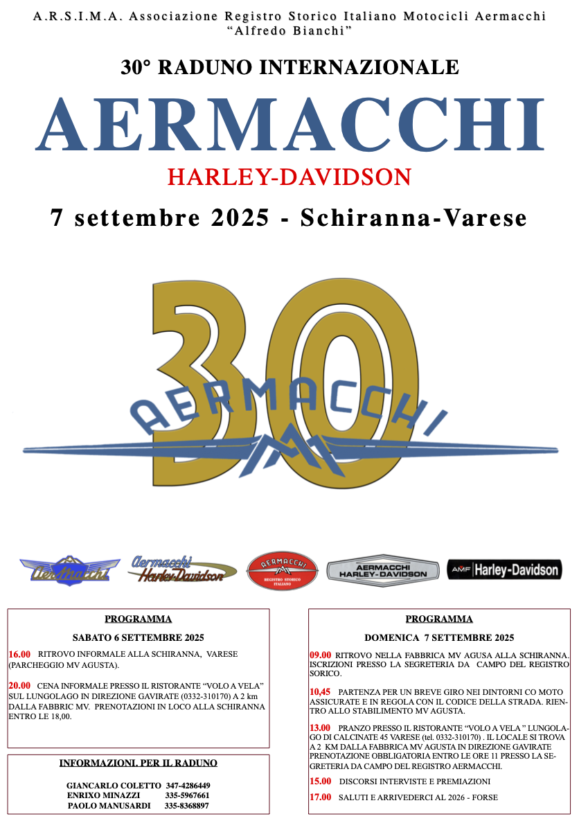 Locandina 30° raduno moto Aermacchi Schiranna Varese domenica 7 settembre 2025